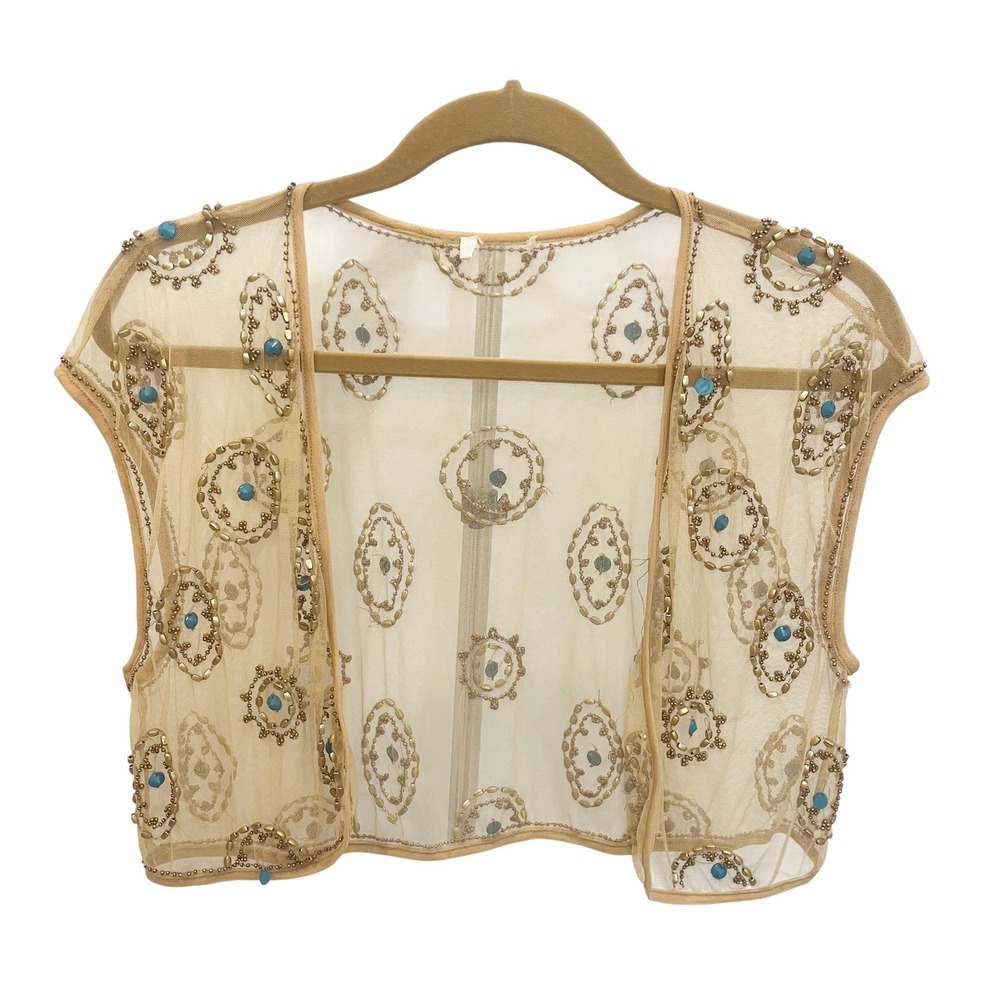 Vintage Boho Beaded Mesh Shrug Vest Tan Turquoise Gold Y2K Festival Bolero